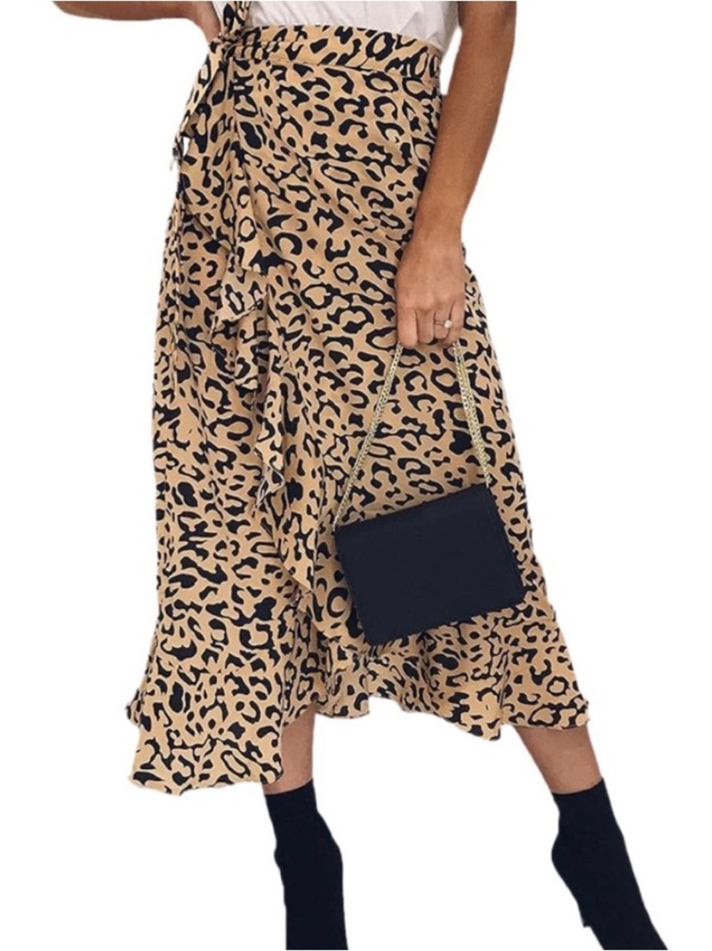 Tie-Waist Leopard Print Midi Skirt in Beige & Black